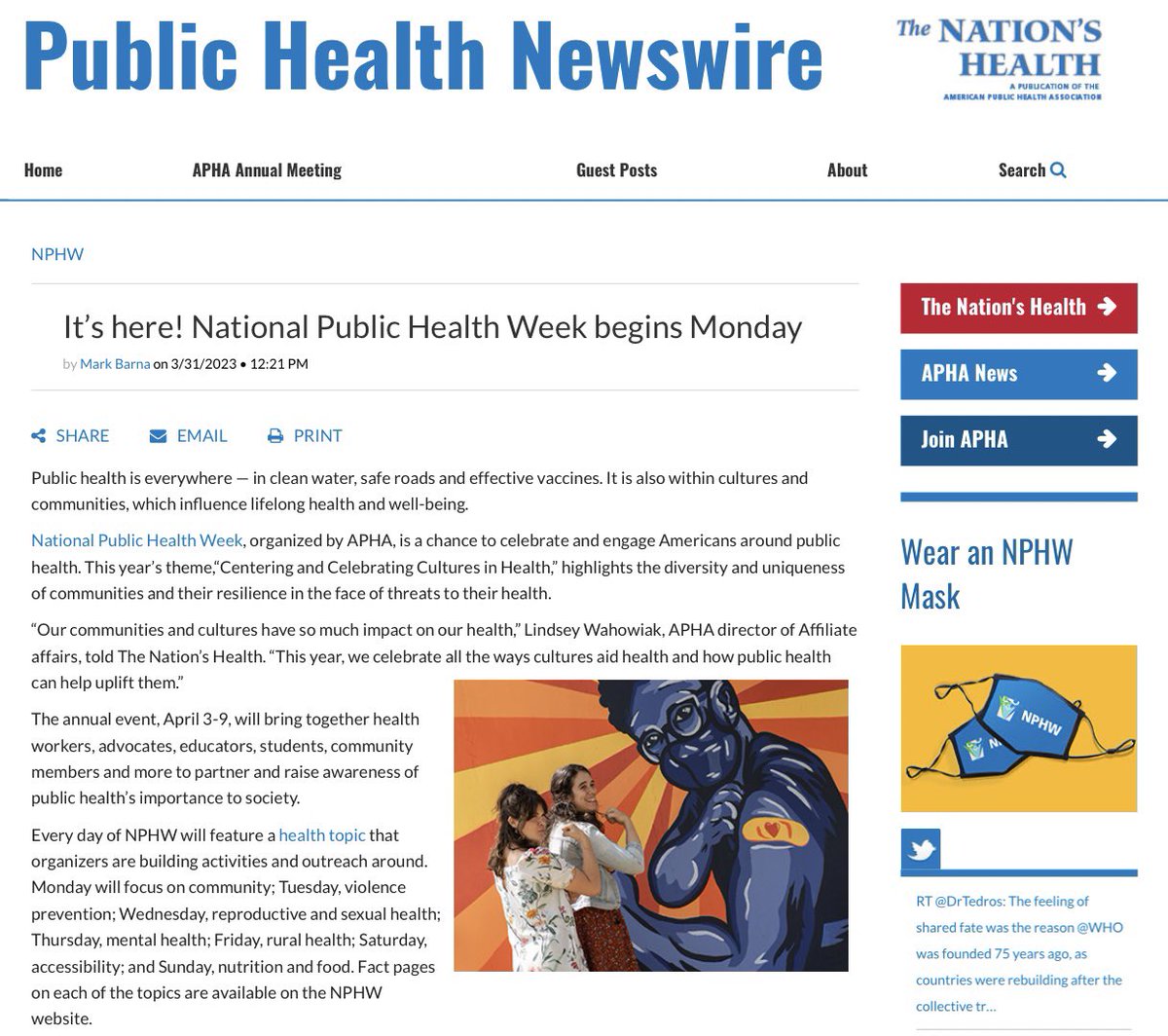 “APHA's National Public Health Week is a chance to celebrate and engage people on the importance of public health.”

Thanks for amplifying our #ArtsinPublicHealth research in celebration of National Public Health Week, APHA!

publichealthnewswire.org/?p=nphw-kickof…