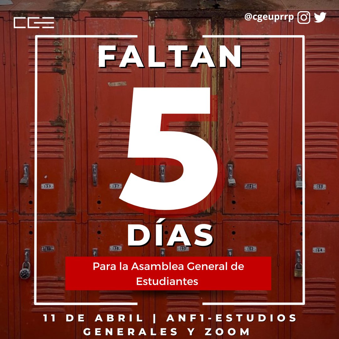 🐔📣FALTAN 5 DÍAS🐔📣
Cada vez faltan menos días para retomar nuestra Asamblea General de Estudiantes .

Accede al en el enlace de la descripción y ¡regístrate como voluntarix! 📮

Les esperamos el próximo martes, 11 de abril, en el Anfiteatro 1 de Estudios Generales o por Zoom.