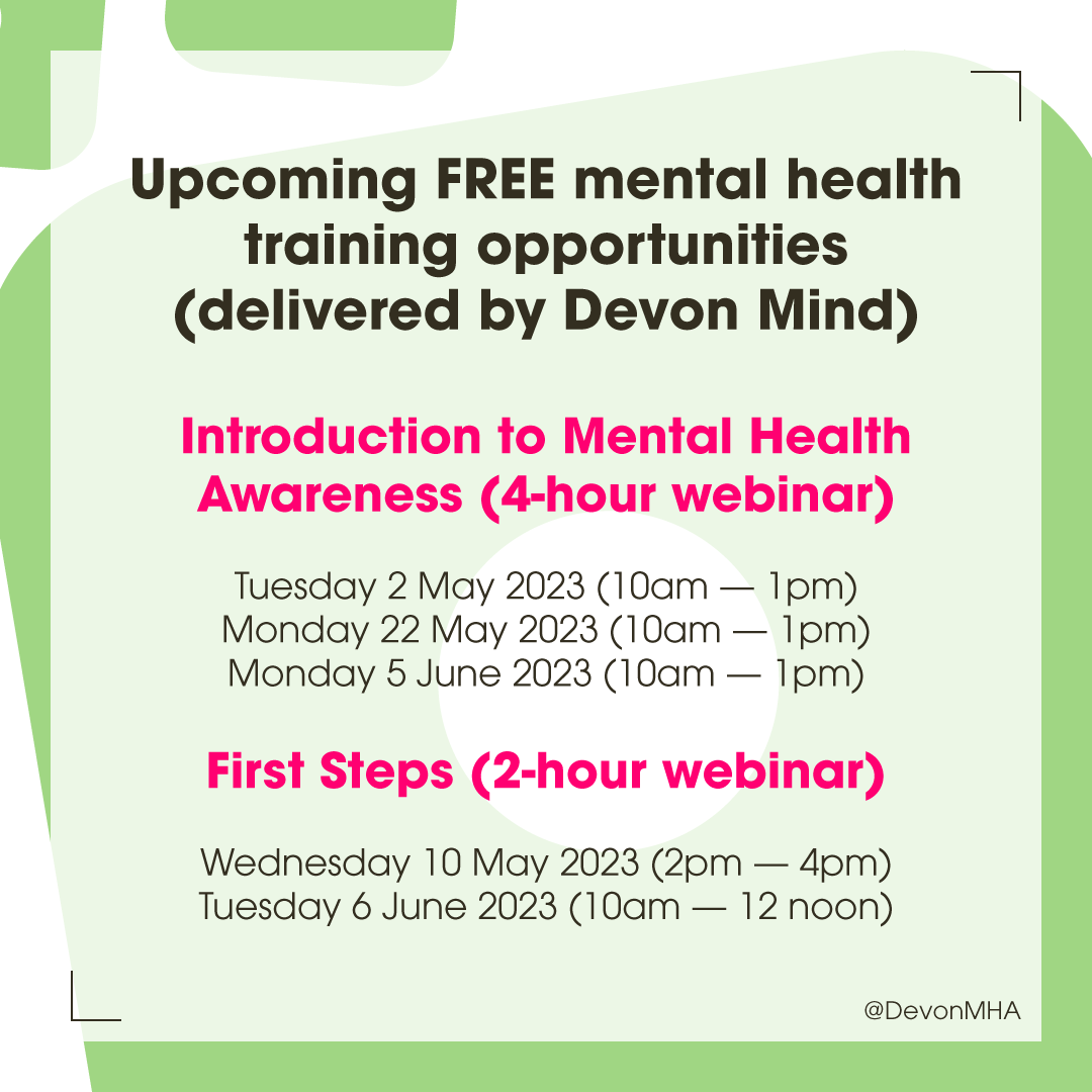 DevonMHA's tweet image. There's more free training coming up for anyone who's looking for an introduction to the fundamentals of mental health.

Check out the dates for Intro to Mental Health Awareness and First Steps, both delivered online by @MindDevon.

Secure your place now: loom.ly/icHBuFo