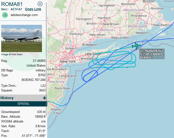 SirListenalot's tweet photo. #ROMA81 just started to dump fuel. Over Nantucket (ACK) they'll turn around towards Hampton (HTO). Probably followed by MANTA - DRIFT - CYN inbound McGuire. https://t.co/VUPfCObqnv