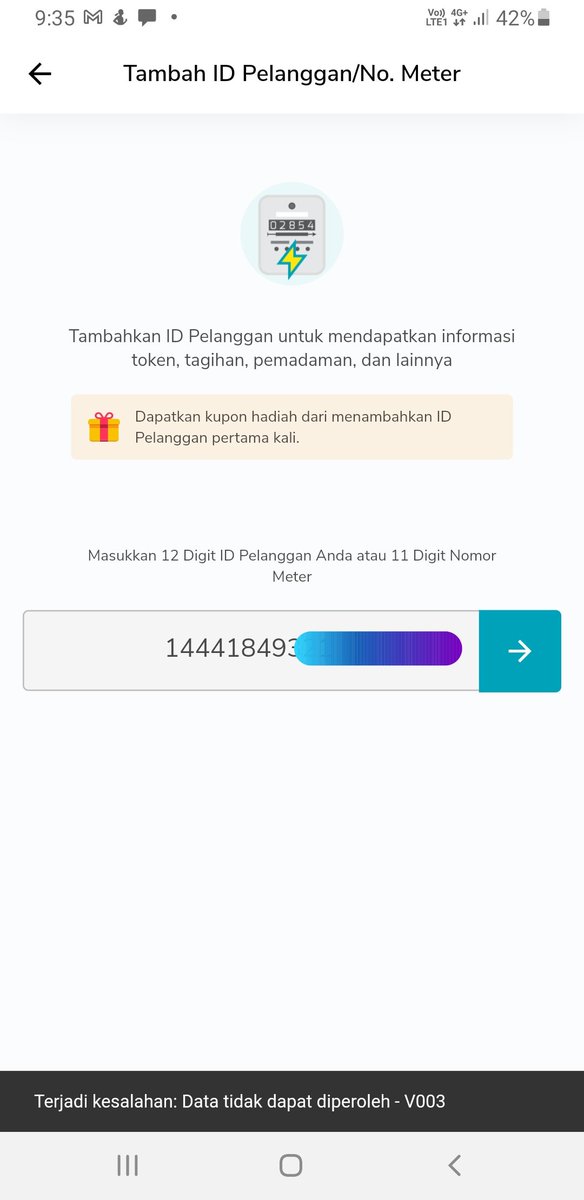 di_q's tweet photo. . @pln_123 setelah itu kami disuruh melakukan pengaduan via plnmobile, tapi gak bisa daftarin id pelanggan, dengan error V003 https://t.co/McfqTEWD9o