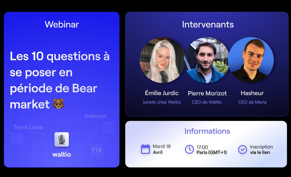 ANNONCE 🚨 <a href="/PowerHasheur/">Hasheur</a> sera l'invité de Waltio pour notre prochain webinar ✨

👉 Les 10 questions à se poser en période de bear market 🐻

Mardi 18 avril, à 17h00 📆

Pour vous inscrire gratuitement et recevoir la rediffusion ✅
➡️ bit.ly/webinarwaltioh…