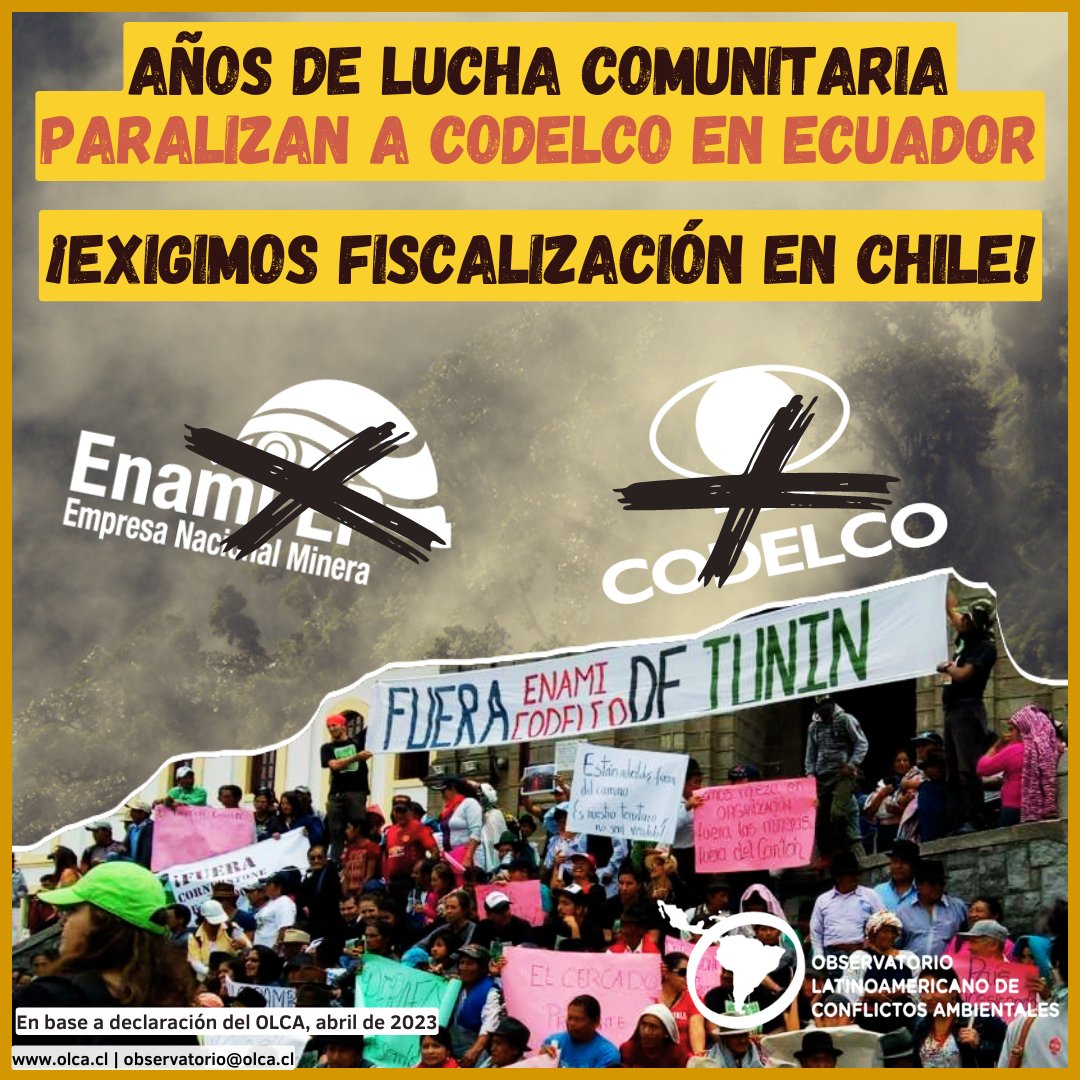 🔴#FueraLlurimagua| Al ser una empresa cuya inversión se realiza con dinero público, exigimos fiscalización al accionar de Codelco en Ecuador por parte de Cochilco, la Contraloría General de la República, la Cámara de Diputados y organismos pertinentes.
➡️ bit.ly/3KFWetn