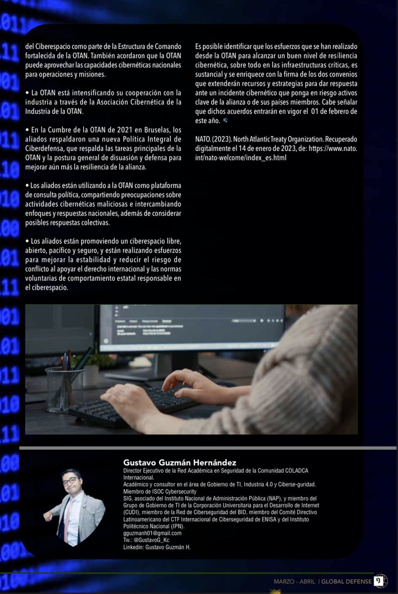 GustavoG_Kc's tweet photo. 📚📖 “La #OTAN refuerza la #ciberseguridad en 2023” busca defensa colectiva del #ciberespacio y reconoce que las #amenazas #cibernéticas son #destructivas, complejas, coercitivas y cada vez + frecuentes. 
📲 Artículo completo: https://t.co/daa9x8JdiB vía @GlobalDefenseMx https://t.co/1Vsp51u7ea