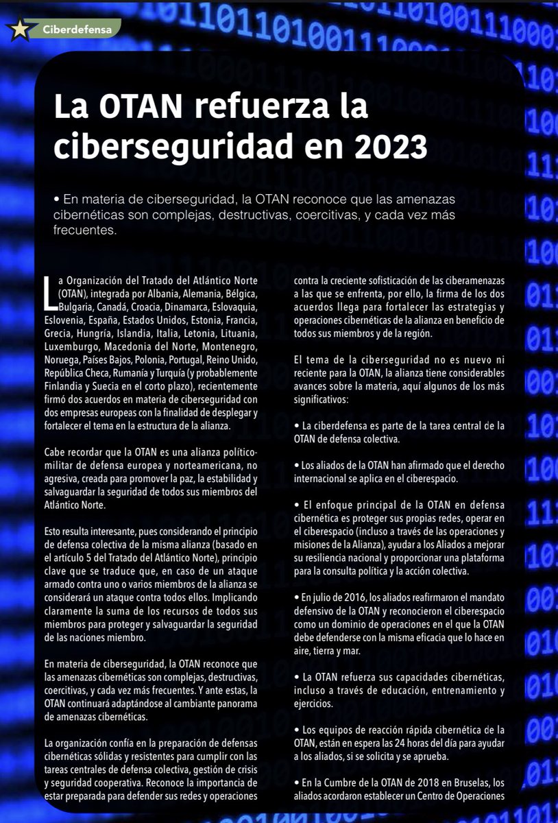 GustavoG_Kc's tweet photo. 📚📖 “La #OTAN refuerza la #ciberseguridad en 2023” busca defensa colectiva del #ciberespacio y reconoce que las #amenazas #cibernéticas son #destructivas, complejas, coercitivas y cada vez + frecuentes. 
📲 Artículo completo: https://t.co/daa9x8JdiB vía @GlobalDefenseMx https://t.co/1Vsp51u7ea