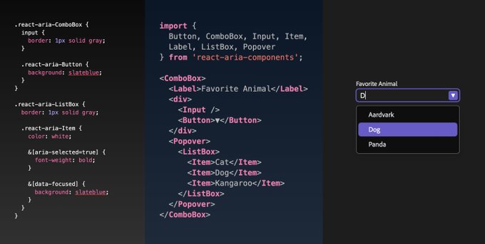 A code example of a ComboBox component built with React Aria Components, including CSS, JSX, and a screenshot of the running example.