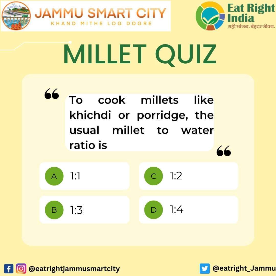 EatRight_Jammu's tweet photo. This question tests your cooking skill👇
#eatrightjammu #eatrightchallenge #eatrightindia #jammusmartcitylimited #jammu #fssai #foodfortification #sustainablefood #healthyeating #healthyindia #swasthabharat #FortifiedFood #Millets #MilletMela #EatRightMillet #MilletQuiz https://t.co/5WR9DUEFxw