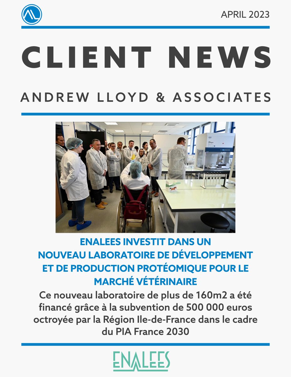 [ALA client news] <a href="/Enalees/">Enalees</a> investit dans un nouveau laboratoire de développement et de production protéomique pour le marché vétérinaire   

ala.associates/corporate/enal…  

#vétérinaire #investissement  <a href="/iledefrance/">Région Île-de-France</a> <a href="/CDEssonne/">Département de l'Essonne</a>