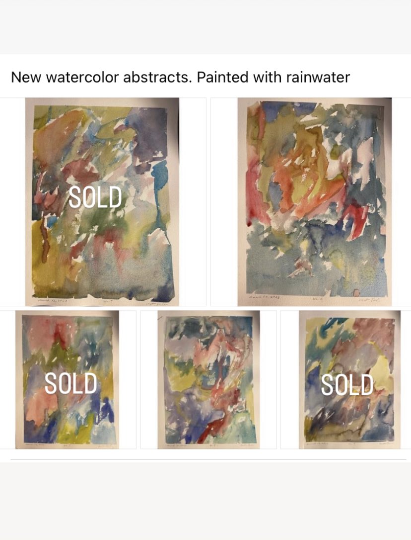 mentnelson's tweet photo. I’m happy to announce that 3 rainwater abstracts have sold, which means I’m now down to the last 2! Anyone interested in owning one of these rare pieces, DM me. $1800 each. These were made using rain and watercolors https://t.co/6BnkY4Er6J