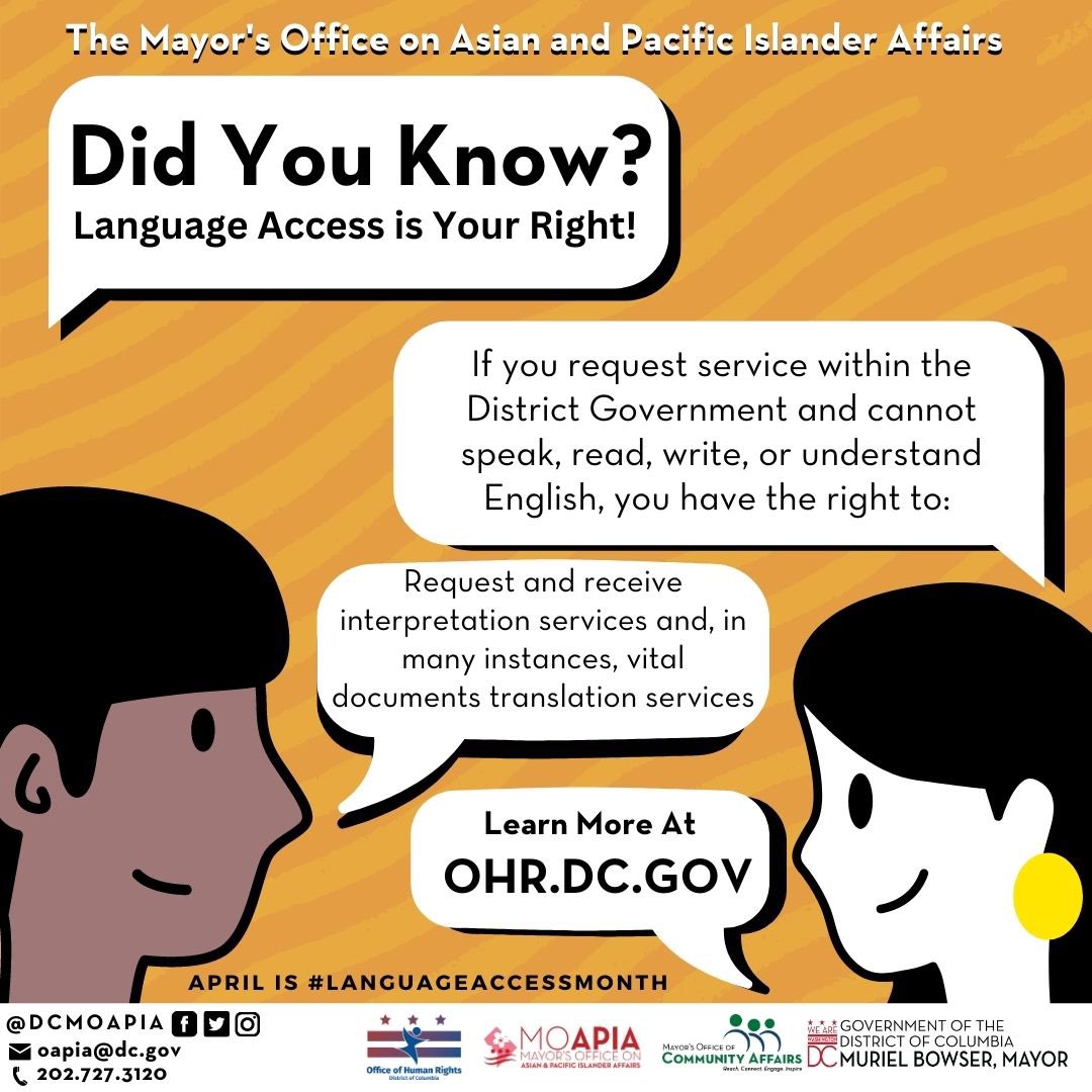 DC MOAPIA #DCisOpen (@dcmoapia) on Twitter photo 🔉APRIL IS LANGUAGE ACCESS MONTH🔊
Did you know Language Access is Your Right?
Learn more at <a href="/DCHumanRights/">DC Office of Human Rights</a> 🔉APRIL IS LANGUAGE ACCESS MONTH🔊
Did you know Language Access is Your Right?
Learn more at <a href="/DCHumanRights/">DC Office of Human Rights</a>
