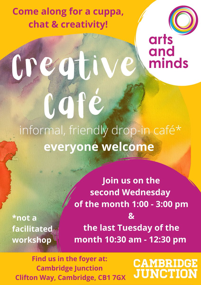 CambridgeCityCP's tweet photo. #CANEvents #12Apr
Creative Cafe @CambJunction 
@mindsarts 

Why not drop in to Creative Cafe at the Junction on Wednesday 12th April between 1pm and 3pm for creativity, chat and a cuppa. 

https://t.co/qJyEAzXgdL https://t.co/Hu8wpxyqDO