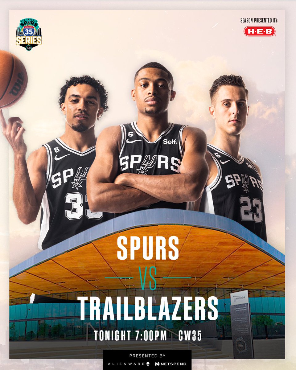 Game 1 of 2 in Austin! 🤠🎉

🆚 <a href="/trailblazers/">Portland Trail Blazers</a> 
⏰ 7pm CT
📍 <a href="/MoodyCenterATX/">Moody Center</a> 
🎟 bit.ly/3lL1dz2
📱 Spurs App
📺 <a href="/CW35SA/">CW35</a> 
📻 <a href="/1200WOAI/">1200 WOAI</a>, <a href="/kxtn1350/">KXTN.com 1350AM & 107.5 FM HD 2</a> 

<a href="/HEB/">H-E-B</a> | <a href="/Alienware/">ALIENWARE</a> | <a href="/Netspend/">Netspend</a> | #ad
