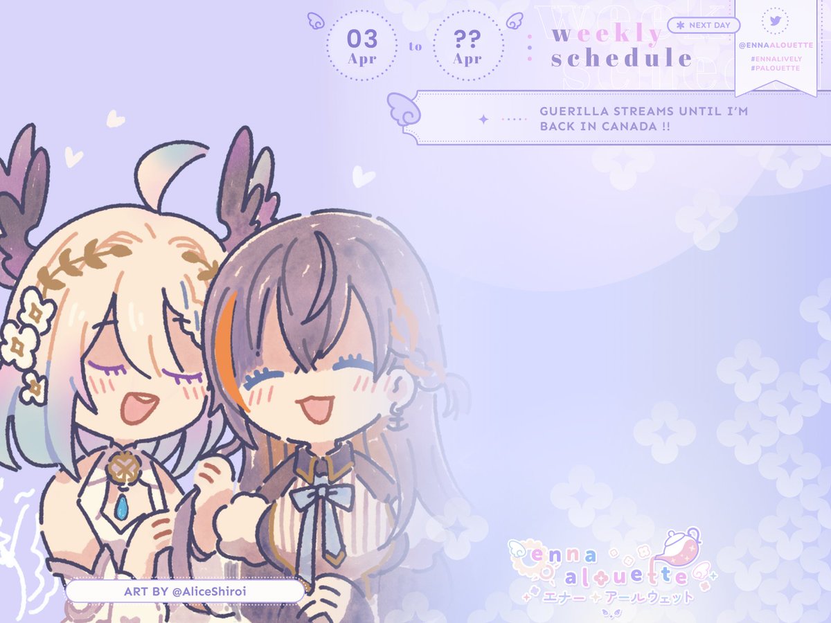 EnnaAlouette's tweet photo. 【04.03 - 04.??】
I'm still in JST timezone so I'll do my best to stream sometimes 🥺🙏

Vacation tag: #EnnaVacation 
General: #EnnaAlouette
Live: #EnnaLively
Art:  #エナーアート #Palouette
Assets: #Ennassets
Fan Names: #Aloupeeps
Memes: #EnnTheyCry
🔞: #Alouwet
🍰: #Boennappetit https://t.co/SZKr08Nckf