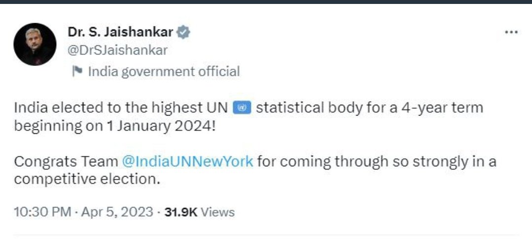 AadhiRaSpeaks's tweet photo. So #India  elected to the #Highest #StatisticalCommission for a 4 yr term! 
Wid majority of 46/53 votes! 
Beating ROK,China &amp; UAE! 
Congratulations @DrSJaishankar &amp; team!

But of course #Congress &amp;"Neutral Journalists" wouldn't talk it! 
Lets hope to See some sensible stats! https://t.co/3zGaQdcp3a