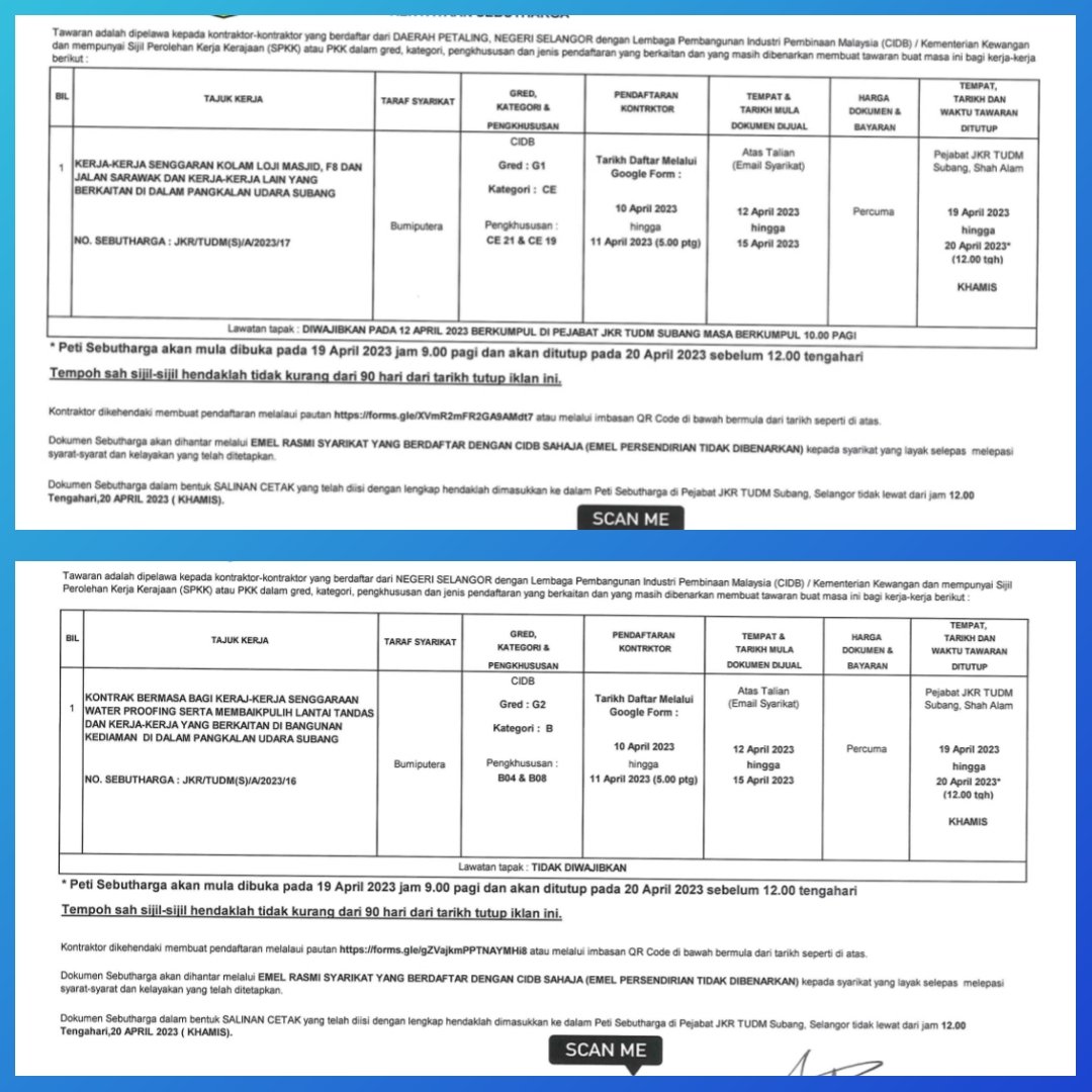 KENYATAAN SEBUTHARGA :
JKR/TUDM(S)/A/2023/13-17
Dokumen dijual :
 12/04/2023 - 15/04/2023

Tarikh tutup serah borang :
20/04/2023 SEBELUM 12.00 T/HARI
<a href="/JKRMalaysia/">JKR Malaysia</a> <a href="/UTSSelangorJKR/">JKR UNIT TENTERA SELANGOR</a> <a href="/csfbjkr/">CSFB JKR</a> <a href="/JKRSelangor/">JKR Selangor</a> <a href="/Ir_faDZli/">faDZli</a>