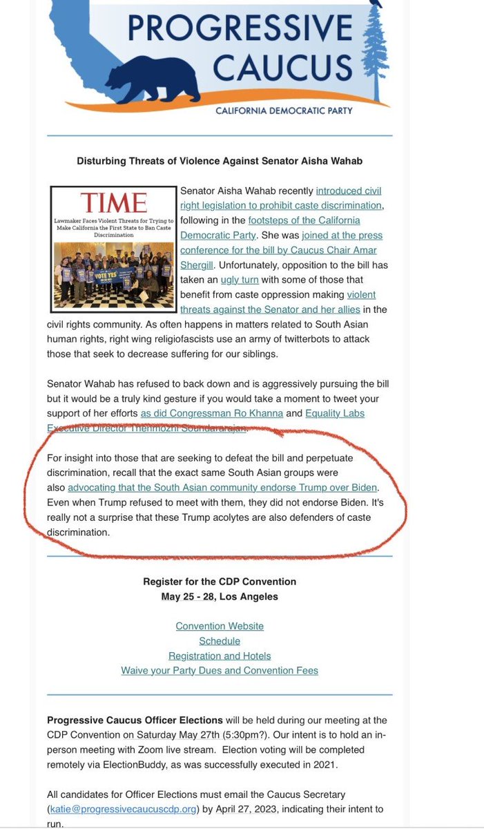 SuhagAShukla's tweet photo. #Breaking: @ProgCaucusCDP headed by @AmarShergillCA sends email falsely labeling South Asian &amp; Hindu opponents of @aishabbwahab's caste bill #SB403 as Trump supporters wanting to "perpetuate discrimination." 

Email links to a Shergill piece attacking @HinduAmerican &amp; @hinduampac https://t.co/NmRBWZA8ib