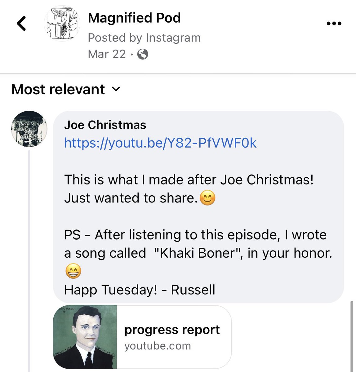 1. Please check out Russell from Joe Christmas’ post-#JoeChristmas band The Long Defeat because this song rules.

2. Please tell Russell that the people demand to hear his new song “Khaki Boner,” which he wrote in honor of us after listening to our last episode 😂
