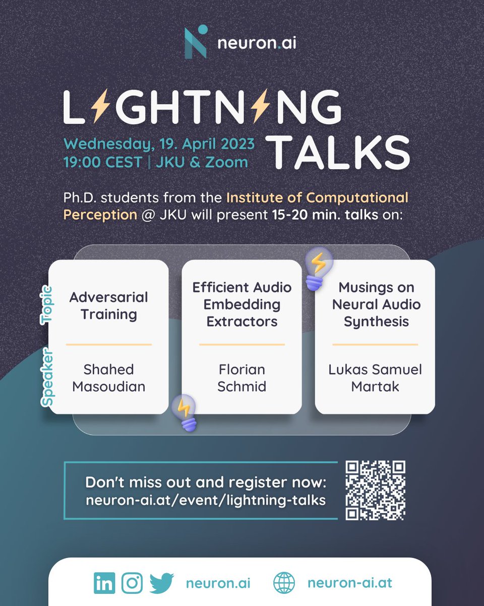 To all AI-Enthusiasts in our community, we are presenting a new hybrid knowledge exchange format - the "Lightning Talks" ⚡   

On Wednesday, April 19th, we are hosting three short but highly interesting talks by Shahed Masoudian, Florian Schmid, and Lukas Samuel Marták.