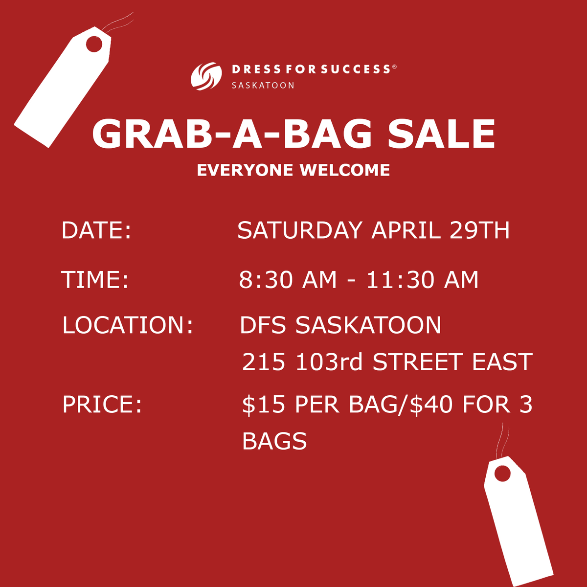 Our Spring Sale is coming up on Saturday, April 29th from 8:30 AM to 11:30 AM at Dress for Success Saskatoon! 

Find more information here: fb.me/e/16EzDxvRG