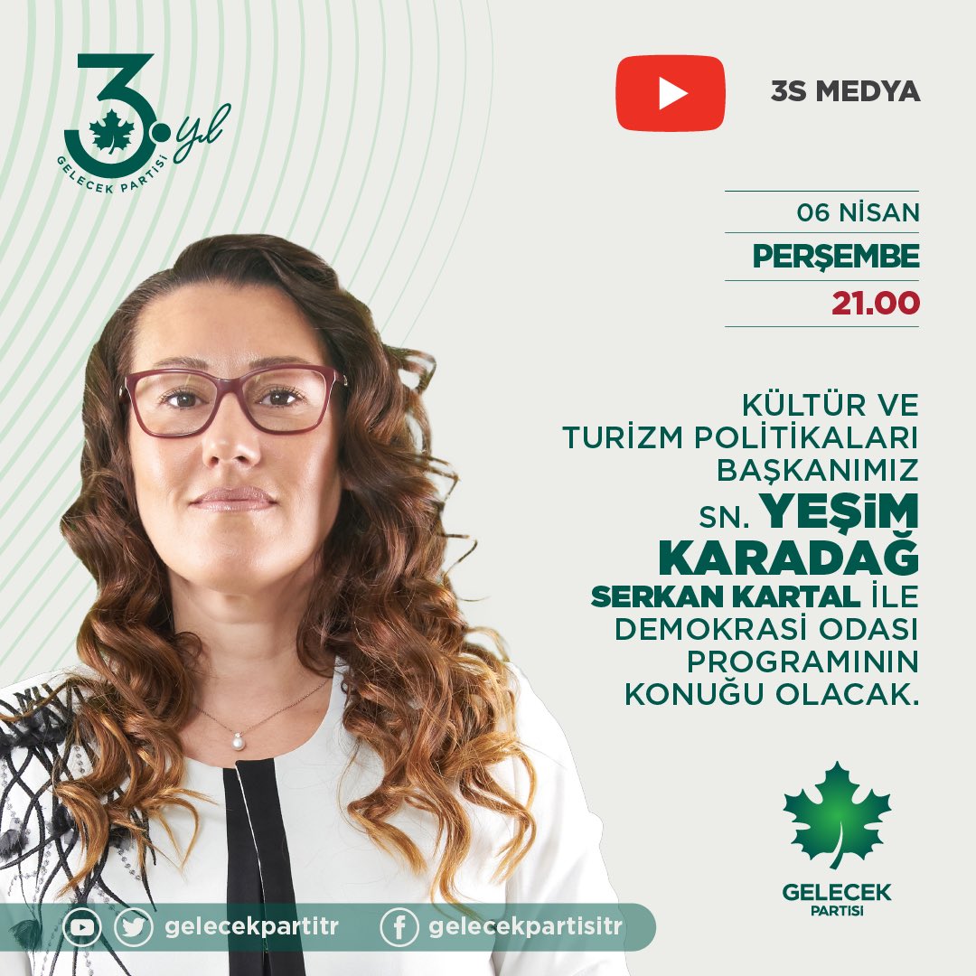 Kültür ve Turizm Politikaları Başkanı Sayın Yeşim Karadağ, Serkan Kartal ile Demokrasi Odası programının konuğu olacak.

🗓  06 Nisan Perşembe
⏰  21.00 
📺  3S Media