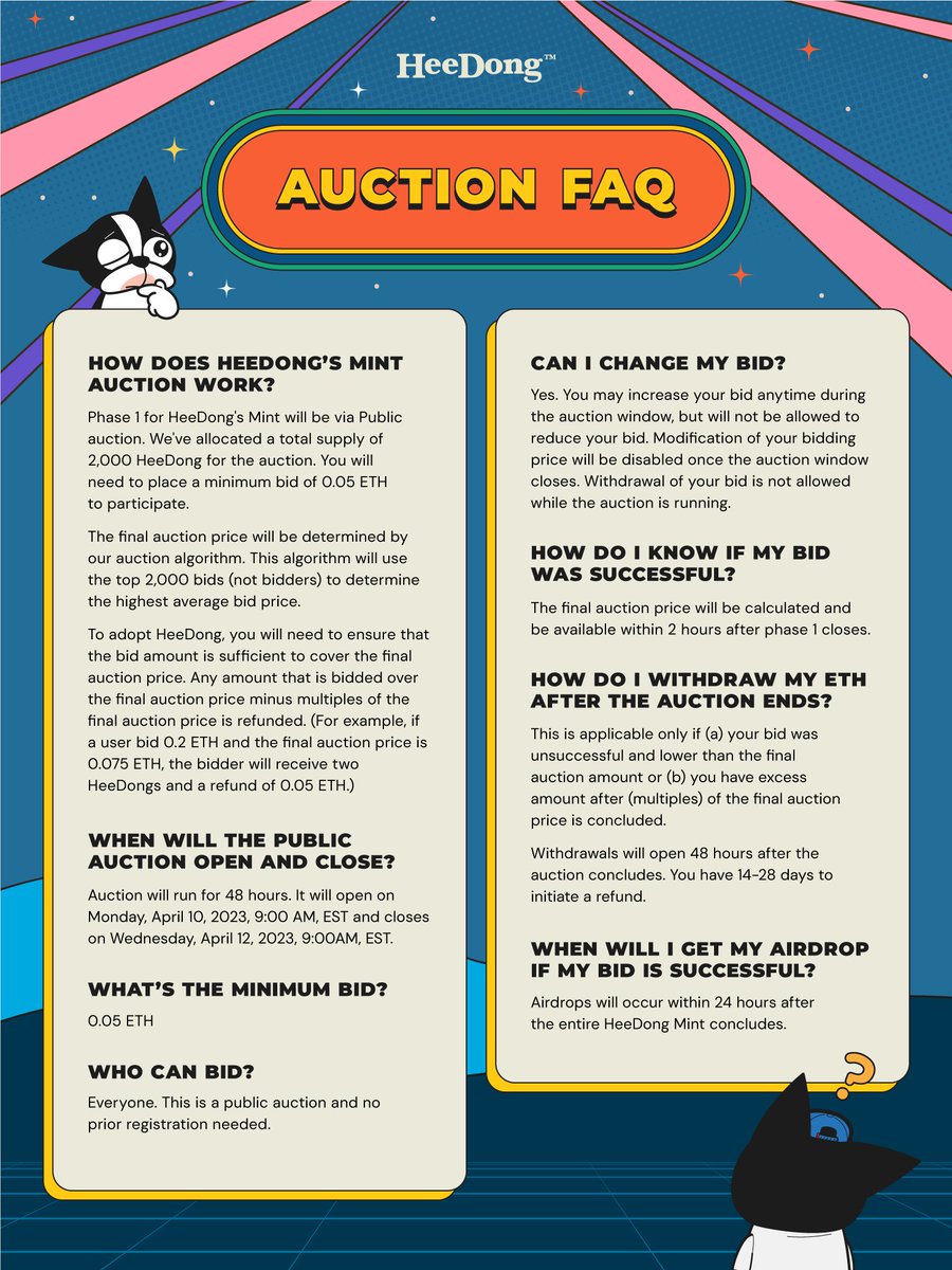 BBRCOFFICIAL's tweet photo. Hey HeeDong Pawrents! 🎉 

⏰Get ready to adopt HeeDong on April 10th, 9am EST! 
Check our HeeDong Auction FAQs to bid like a pro🏆

Join our Mint AMA happening soon at 11am EST! 🔥
https://t.co/fs6lq6Ss1F https://t.co/T76MkM8W9P