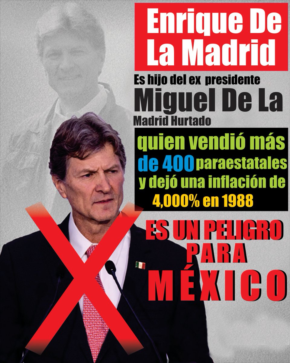 AngMariscal4T's tweet photo. El Junior es un peligro Máximo Para México.
Alerta Máxima. 🚨🚨🚨🚨🚨
Es un vendepatrias neto.
Su papá lo fue. Trae la educación de su padre: el ex presidente Miguel De La Madrid Hurtado.
@edelamadrid https://t.co/cr9NWvIHP5