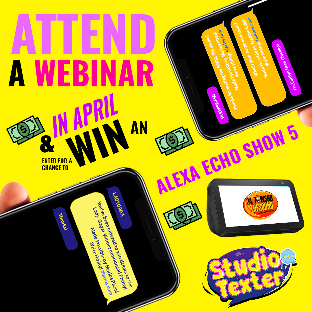 Alexa Echo Show 5 GIVEAWAY! If you work for a radio station, signup and attend our FREE 30-MIN APRIL WEBINAR - 4 WAYS TO MARKET YOUR STATION'S TEXT CLUB TO ADVERTISERS (3 dates available). Entries will be collected during the webinar. envisionwise.com/resources/webi…