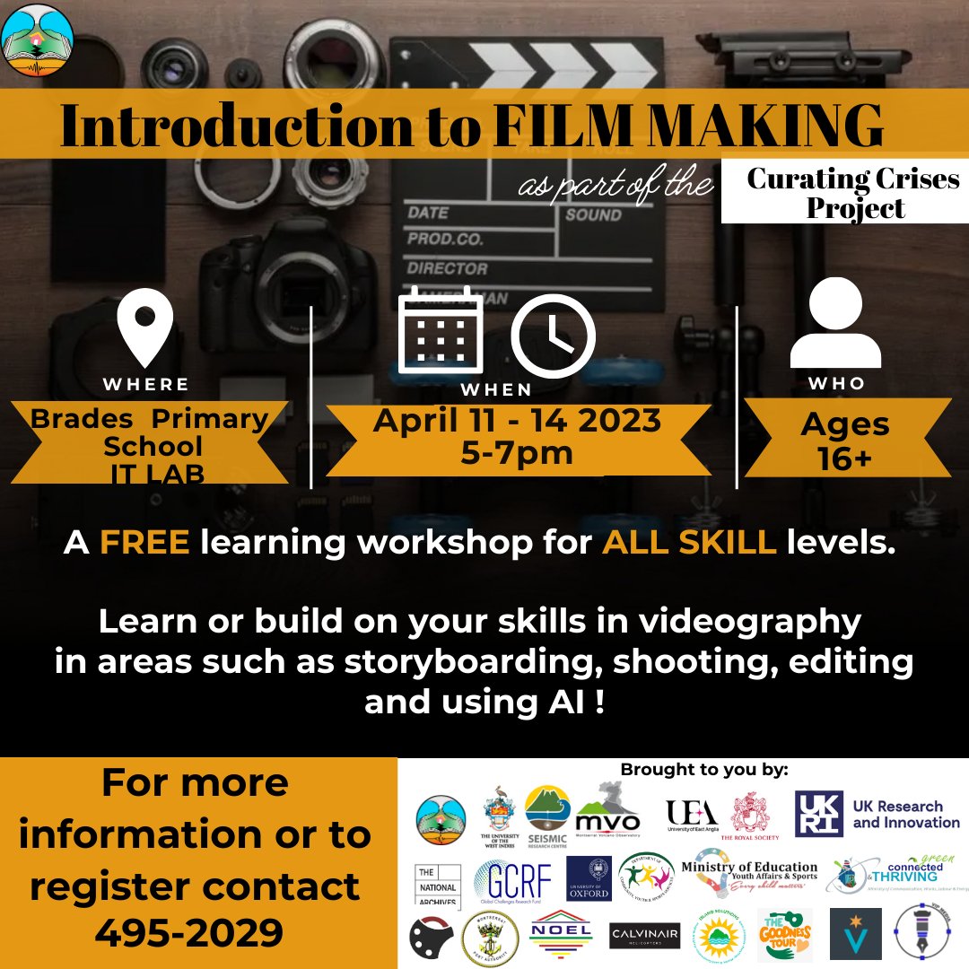 mvoms's tweet photo. Introduction to FILM MAKING as part of the #CuratingCrisesProject is a FREE learning workshop for ALL SKILL levels. Participants will learn or build on their skills in videography in areas such as storyboarding, shooting, editing & using AI to produce Montserrat centric content. https://t.co/fJEhc3GEX6