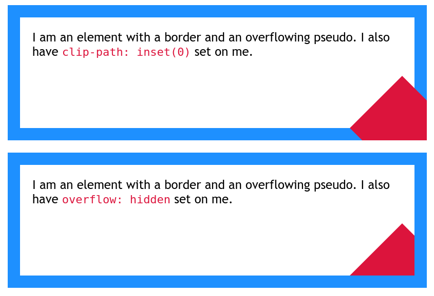 Ana Tudor 🐯🖤🌻 on Twitter: "Here's a tiny #CSS factoid because someone asked why ever use `overflow: hidden` when there's `clip-path: inset(0)` now. `overflow: hidden` cuts out all outside `padding-box`, `clip-path: inset(0)` Ana Tudor 🐯🖤🌻 on Twitter: "Here's a tiny #CSS factoid because someone asked why ever use `overflow: hidden` when there's `clip-path: inset(0)` now. `overflow: hidden` cuts out all outside `padding-box`, `clip-path: inset(0)`