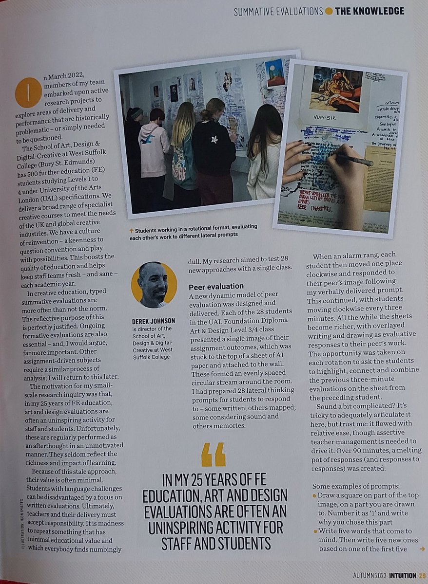 KMScattergood's tweet photo. In autumn 2022 edition, Derek Johnson from
@WestSuffolk
on creative solutions to summative evaluations, as part of improving practice in art and design #FE teaching.
@RCGResearch
#RCGResearch #FESpeaks https://t.co/4ZuZXgByG2