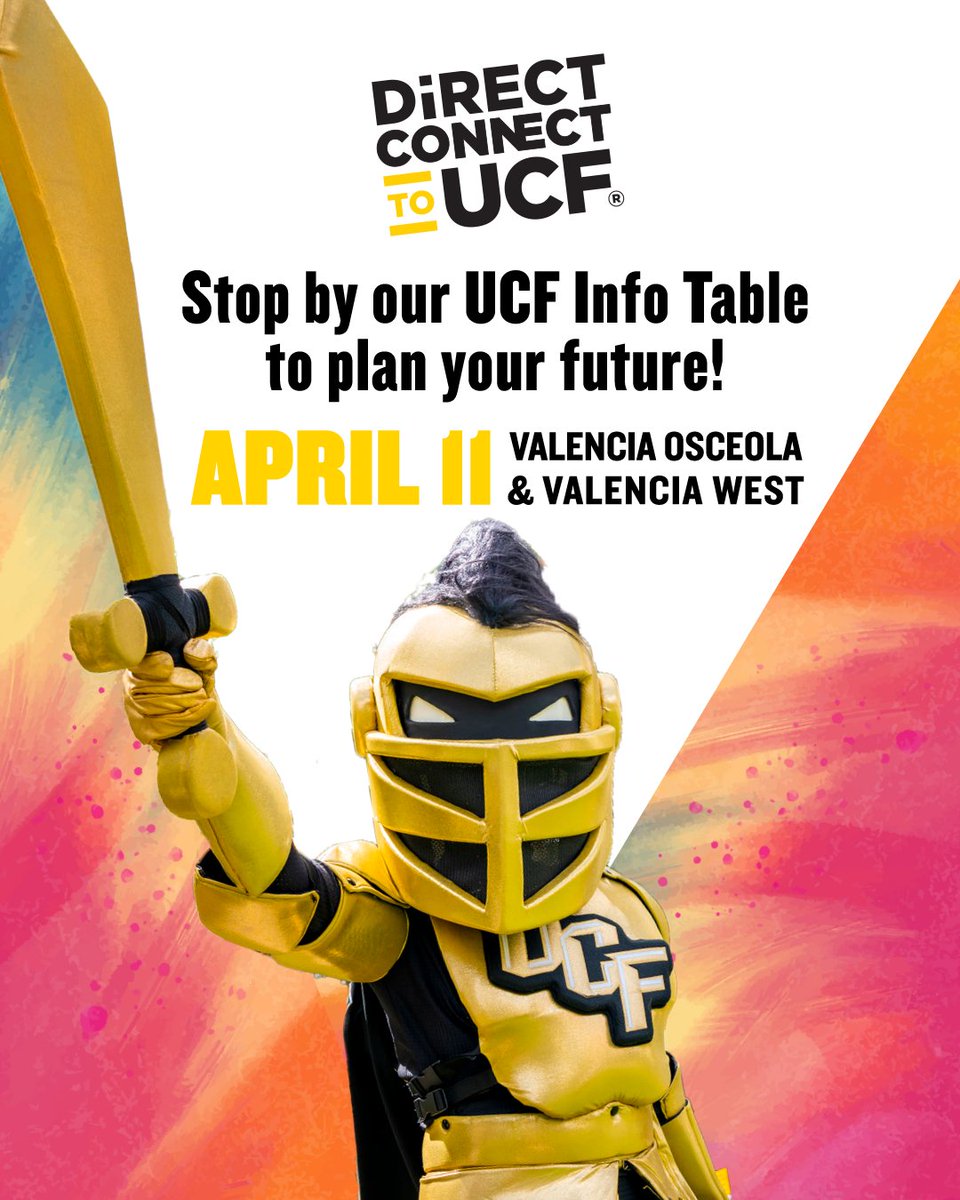 DC2UCF's tweet photo. Are you a @valenciacollege student planning to transfer to UCF? Learn more about DirectConnect to UCF at one of our info tables on the Valencia College Osceola and West campuses!
📆Tuesday, April 11
📍Valencia West: 9:30-11:30a
📍Valencia Osceola: 12:30-2p
#UCF #TransfertoUCF https://t.co/YJrW0VhA4c
