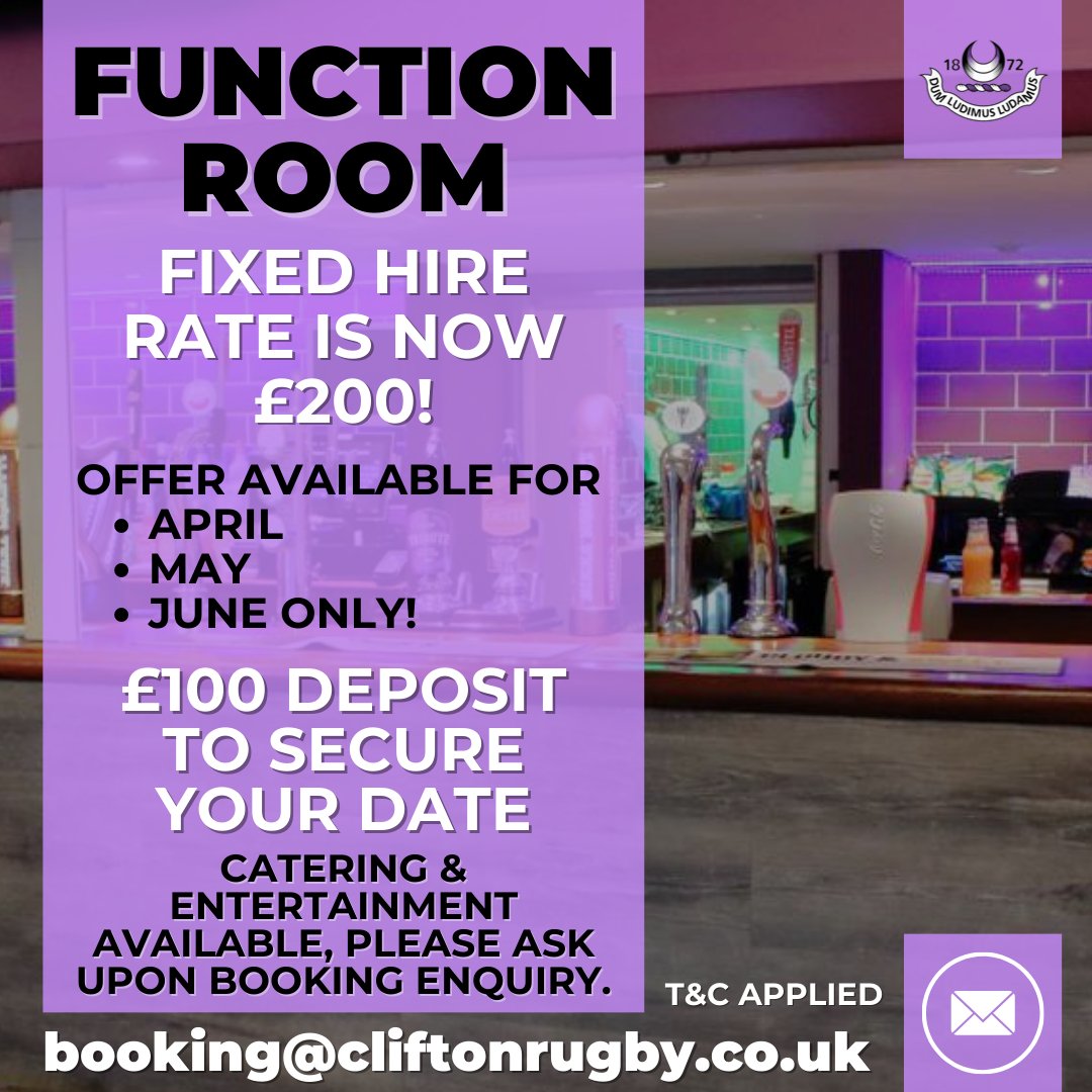 cliftonrugby's tweet image. We are now offering the Clifton RFC clubhouse function room for hire at a fixed rate of £200.😊

If you are interested in finding out more information, please contact: bookings@cliftonrugby.co.uk 📨

#cliftonrfc #cliftonrugby #functionroom