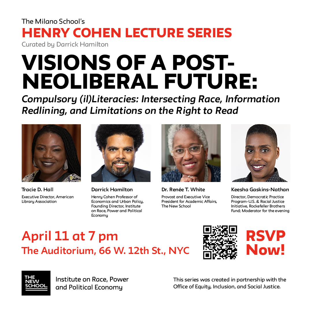 Join us on April 11 for the #HenryCohenLectureSeries event, “Compulsory (il) Literacies: Intersecting Race, Information Redlining, and Limitations on the Right to Read,” with speakers @TracieDHall1, @DarrickHamilton, and @reneetwhite.
bit.ly/HCLS_041123.