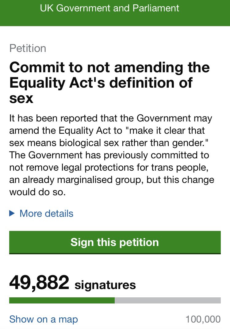Petition: Commit to not amending the Equality Act's definition of sex.

Sign here: petition.parliament.uk/petitions/6279…
