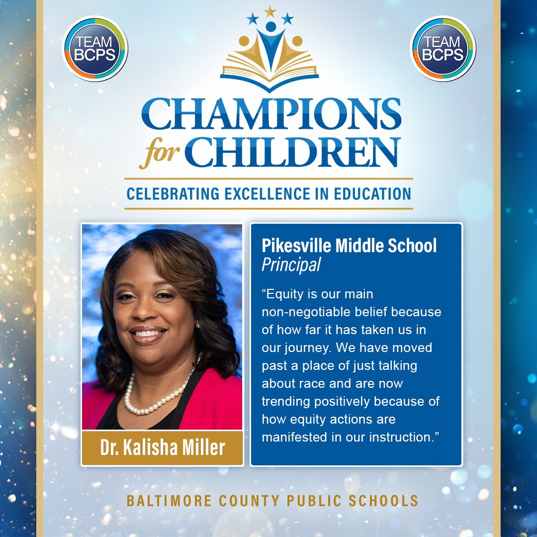 Baltimore County Public Schools (@baltcops) on Twitter photo 🎉 Meet Dr. Kalisha Miller, #TeamBCPS Middle School Principal of the Year and 2023-2024 BCPS Principal of the Year Finalist! <a href="/PikesvilleM/">Pikesville Middle</a>
✨ Join us on Wednesday, April 19, for our livestreamed Champions for Children awards gala!
Learn More ➡ ow.ly/vcJ050NrBSo 🎉 Meet Dr. Kalisha Miller, #TeamBCPS Middle School Principal of the Year and 2023-2024 BCPS Principal of the Year Finalist! <a href="/PikesvilleM/">Pikesville Middle</a>
✨ Join us on Wednesday, April 19, for our livestreamed Champions for Children awards gala!
Learn More ➡ ow.ly/vcJ050NrBSo