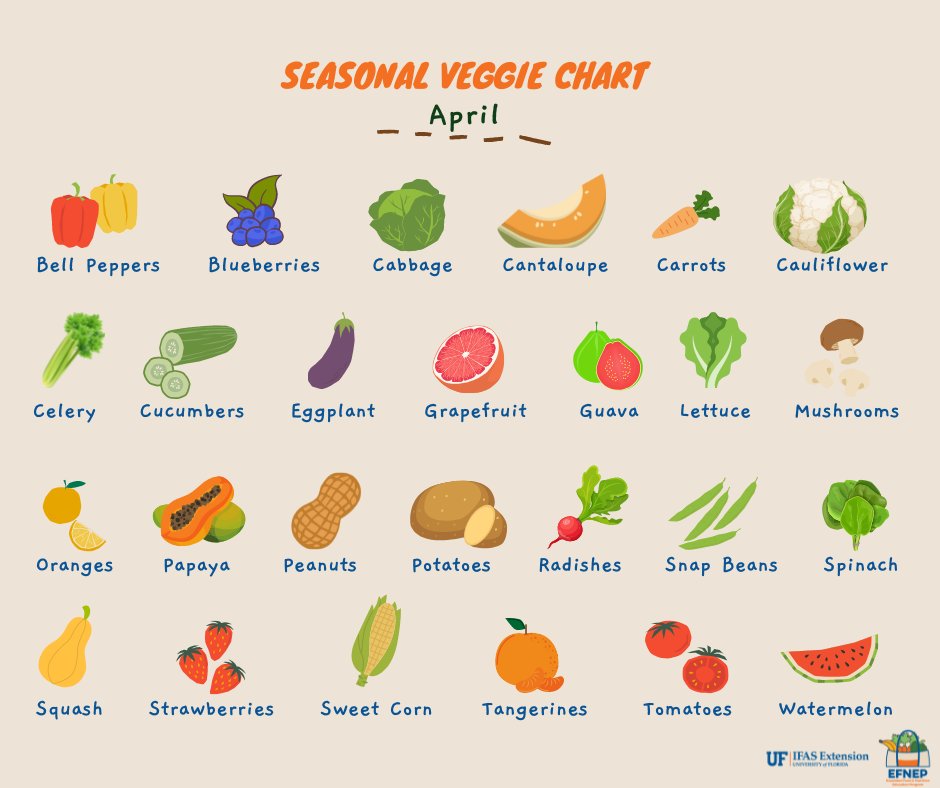 Enjoy fresh products for the best taste, price, and nutritional value! Add these seasonal foods to your shopping list. Download the full list of April products here: ow.ly/PIOb50NpyRQ

#FreshFromFlorida
#EFNEPWorks @UF_IFAS