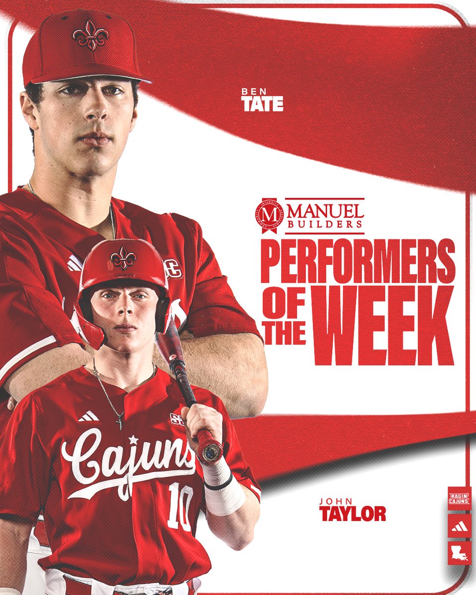 RaginCajunsBSB's tweet photo. 🏅 Ben Tate and John Taylor earn @manuelbuilders Performer of the Week honors for their work in the App State series.

#GeauxCajuns ⚜️ | @Ben_Tatee | @john2020taylor https://t.co/WgpVpHIN0b