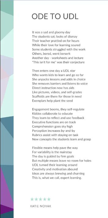 💙 In honor of #NationalPoetryMonth & the Digital Learning Team's reading of @Catlin_Tucker & @KatieNovakUDL's book 'The Shift to Student-Led,' we share with you Katie's 'Ode to UDL.'
🔗 Link to original & more #UDL inspiration: buff.ly/40DLNMl 
#itecia #iaedchat #UDLChat