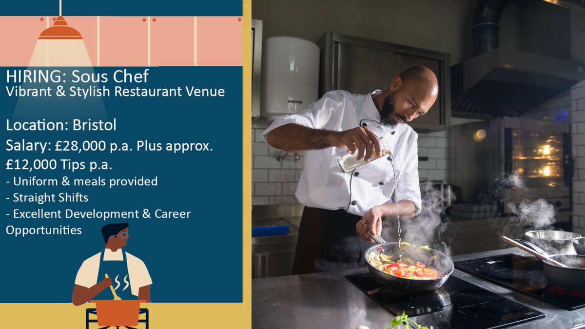 HIRING: Sous Chef
Vibrant &amp; Stylish Restaurant Venue
Location: Bristol
Salary on offer is £28,000 p.a. Plus approx. £12,000 Tips p.a.
📷Uniform &amp; meals provided
📷Straight Shifts
📷Excellent Development &amp; Career Opportunities

ttwrecruit.co.uk/.../sous-chef-…
#TTWRecruitment #hiring