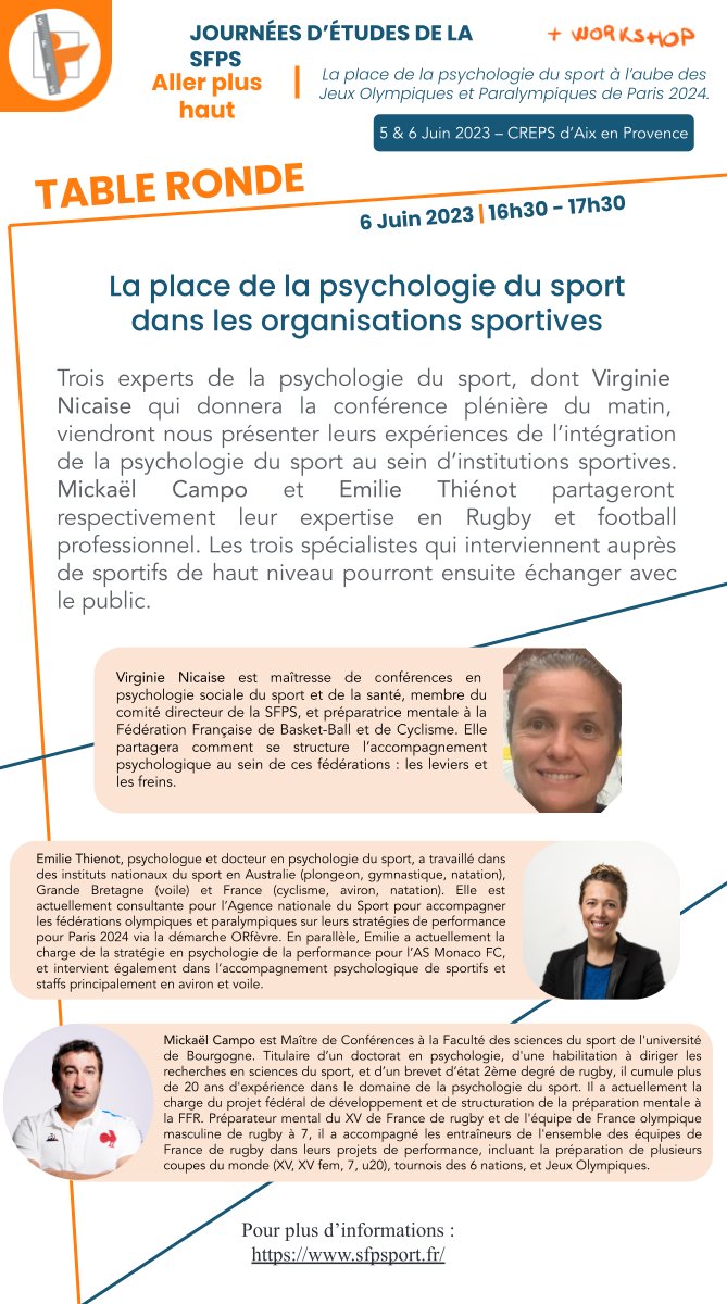 sfpsport's tweet photo. 🥳Découvrez le programme de la journée du 6 juin aux journées d'études de la Société Française de Psychologie du Sport SFPS à Aix en Provence: https://t.co/yQOFPEtUwh