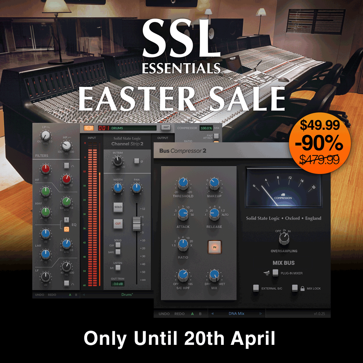 solidstatelogic's tweet photo. SSL Easter Sale starts today!

Grab two SSL production heavyweights in the SSL Essentials Bundle: Bus Compressor 2 and Channel Strip 2 Plug-in's for ONLY $49.99. (WAS $479.99)

https://t.co/BUu6pYvoQg

#SSL #SolidStateLogic #BusCompressor #ChannelStrip #EasterSale https://t.co/q4Em5BnqaM