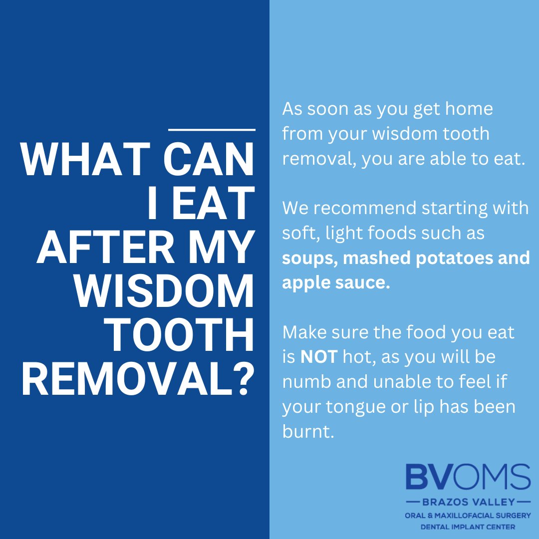 Preparing to have your wisdom teeth extracted? Here's what you can eat after your procedure. 

Visit the link in our bio for more info!

#bvoms #oralsurgery #collegestation #bryantx #cstat