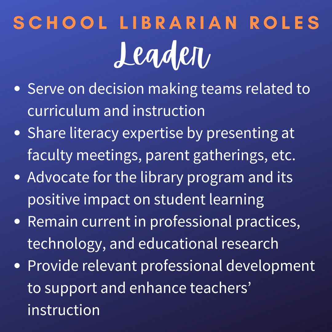 What do school librarians do? We have 5 key roles and one of the most important is being a LEADER! We work with all students & teachers and have a huge impact through both instruction & PD. We're literacy experts & advocates! #AASLslm #CCSDLibrariesForALL #LeadCCSD @VOCALCCSD