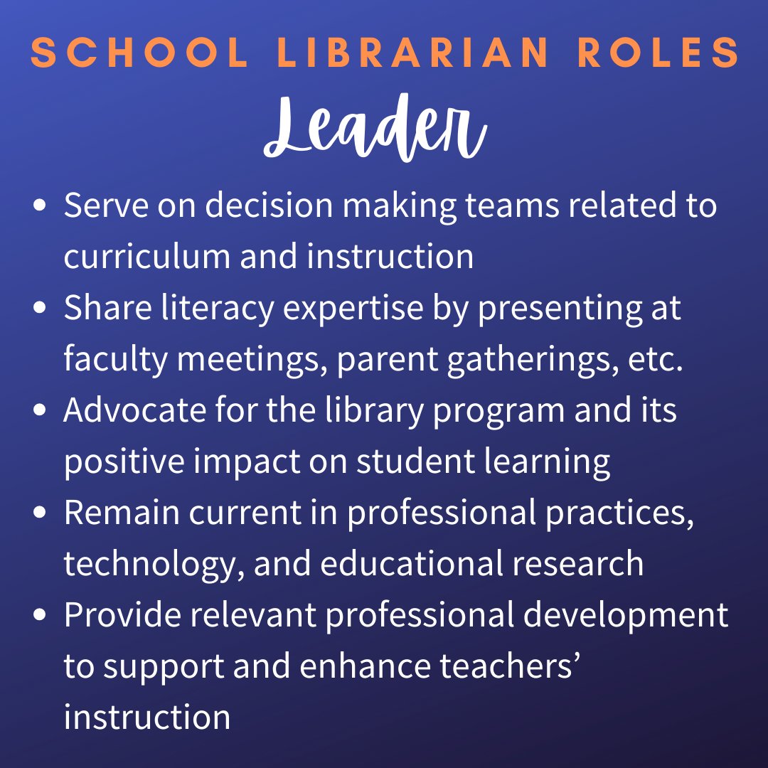VOCALCCSD's tweet photo. What do school librarians do? We have 5 key roles and one of the most important is being a LEADER! We work with all students &amp; teachers and have a huge impact through both instruction &amp; PD. We're literacy experts &amp; advocates! #AASLslm #CCSDLibrariesForALL #LeadCCSD @VOCALCCSD https://t.co/BYUsGbIKeI