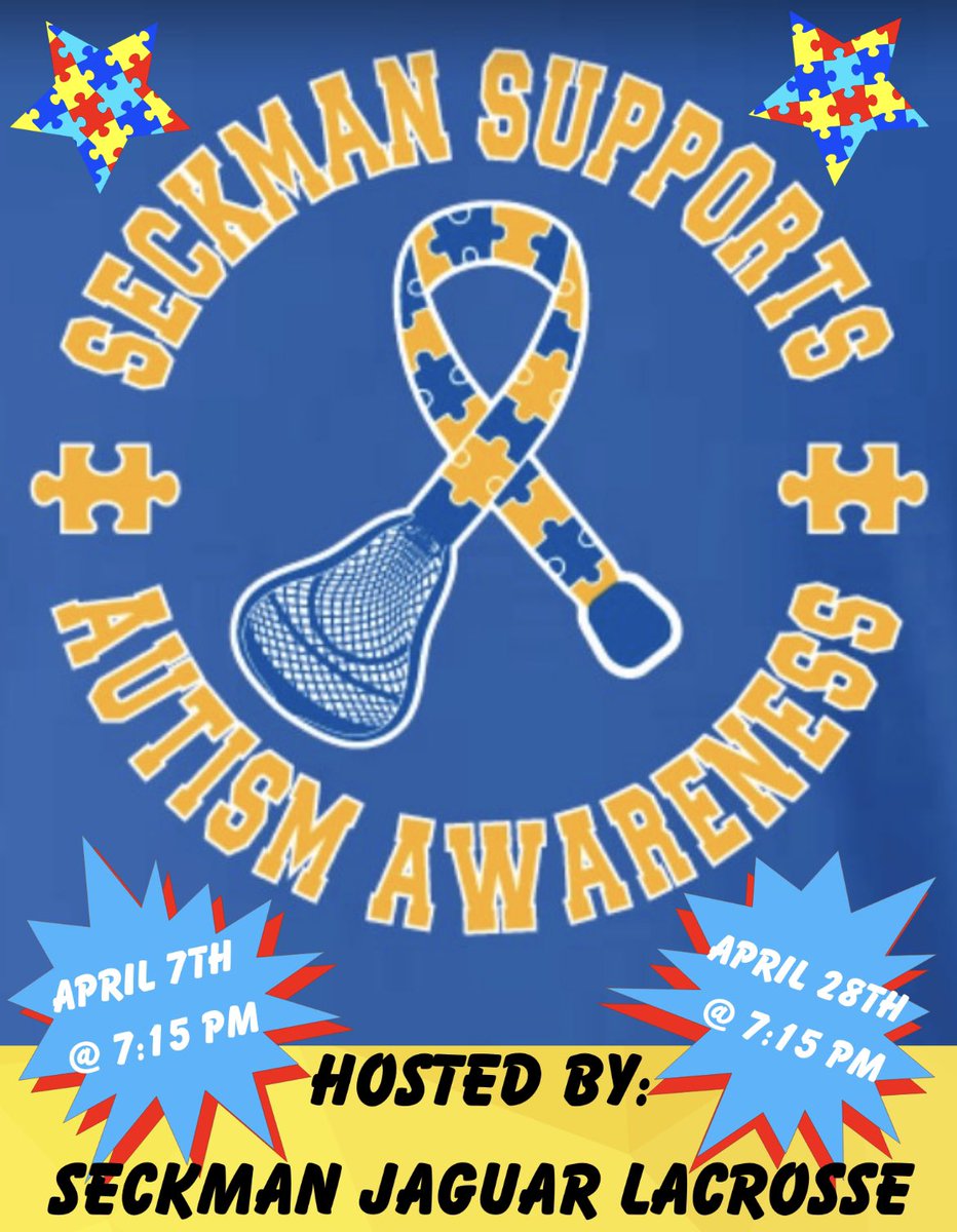 SeckmanJagLax's tweet photo. Join us tomorrow night 4/7 as we recognize Autism Awareness Month during our game against Parkway South! Donations will be collected at the gate. #EmbraceDifferences 

@MetroSportsSTL @myleaderpaper @STLhssports @MOLacrosse https://t.co/u8slg1G4wy