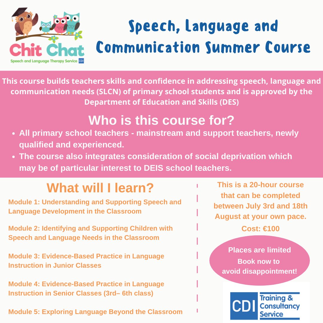 CDI is thrilled to announce our Speech, Language & Communication Online Summer Course for #PrimaryTeachers is now open for registration! To book your place, click here:  cdi.ie/courses/speech…
#epv #SLCN #IASLPeeps @ppdcuioe @PDSTie @PDSTLiteracy @INTOnews @TeacherEdChat