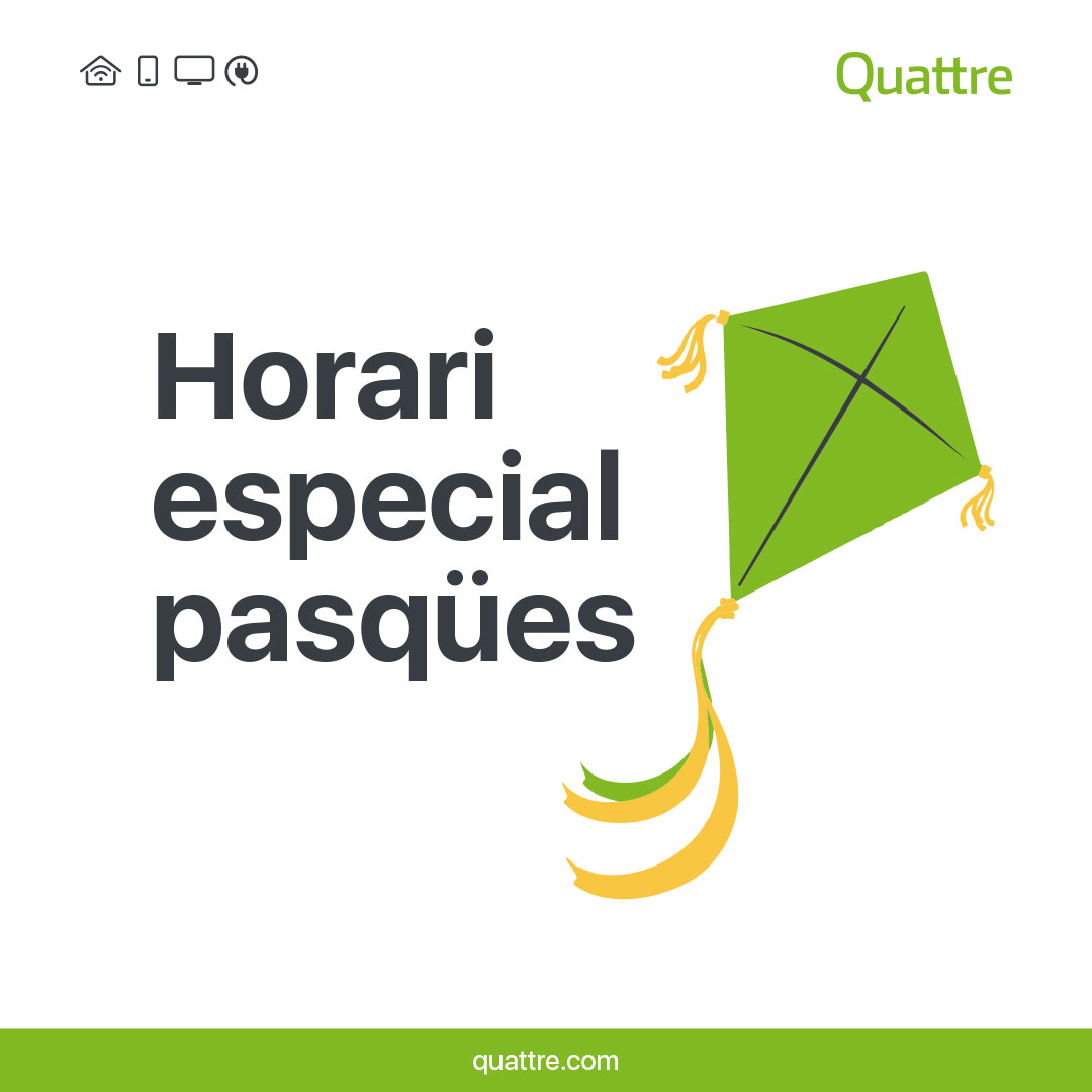 #HorariPasqua #Quattre #telecovalenciana #FibraÓptica

👉 *Divendres* - Tancat 🔒
👉 *Dissabte* - Horari normal
 👉*Dilluns* - Obrim Rafel de 9 a 14 i de 16 a 19

Bones pasqües Quattrer@s! 🥰

👇 Ens podeu contactar a 👇
☎ 96 112 63 46
WhatsApp  quattre.com/tiendas