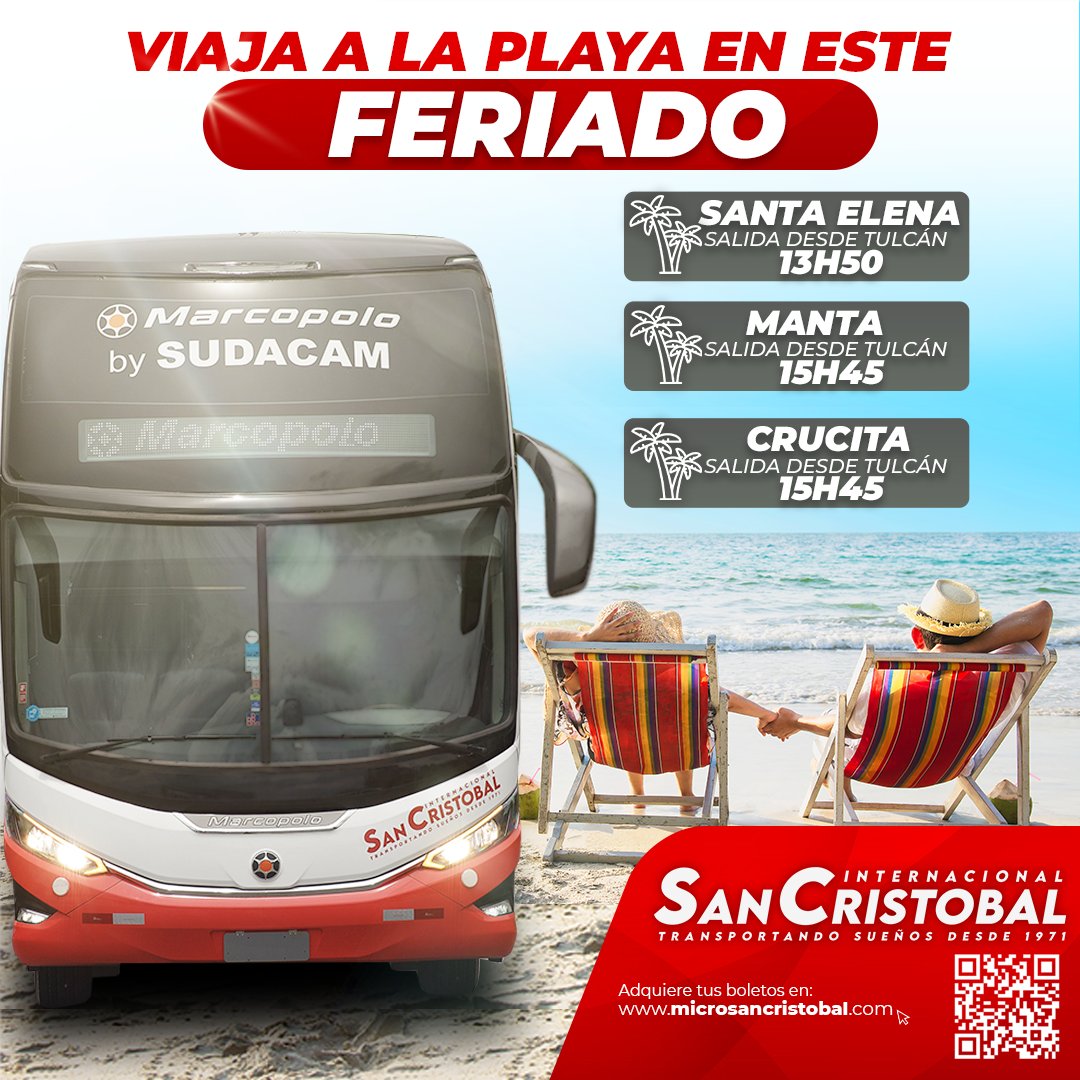 sancristobalec's tweet photo. Disfruta este feriado en la Playa 📷
Viaja con nosotros desde Tulcán a:
📷Santa Elena
📷Manta
📷Crucita / Portoviejo https://t.co/sfgec9BRUJ
