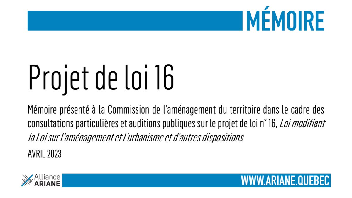 Face au projet de loi no 16 modifiant la Loi sur l’aménagement et l’urbanisme, l’alliance ARIANE appelle à des bonifications pour mettre en place les conditions nécessaires à un véritable « désormais » en matière d’aménagement. #LAU #PNAAT
ariane.quebec/2023/04/06/pro…