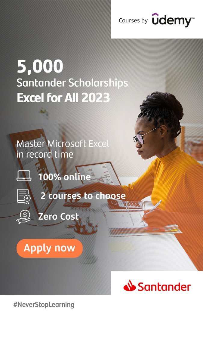 HudEnterprise's tweet image. Looking to improve your Excel skills?
Apply for 1 of 5,000 places on @santanderuknews Scholarships Skills | Excel for All, a FREE, flexible, online programme delivered by Udemy.
Applications close 16 May. Apply today: bit.ly/3RKOPdX
#NeverStopLearning #Excelforall